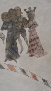 Bemalung des Chorraumgewölbes mit dem Bild der Heiligen, dargestellt mit einem hölzernen Henkersrad, auf das sie zur Folter geflochten wurde. 