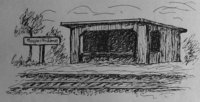 Federzeichnung einer Holzhütte am Bahngleis, Schild "Hasporterdamm" 