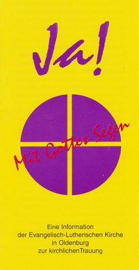 Flyer in gelb mit dem Wort "Ja" in lia und  Schriftzug "mit Gottes Hilfe" über einem lilafarbenen Kreis mit gelbem Kreuz darin