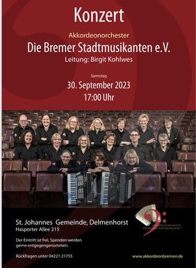 Einladungsplakat des Akkordeonorchesters "Die Bremer Stadtmusikanten e.V." für ein Konzert am 30. September 2023 in Hasport 