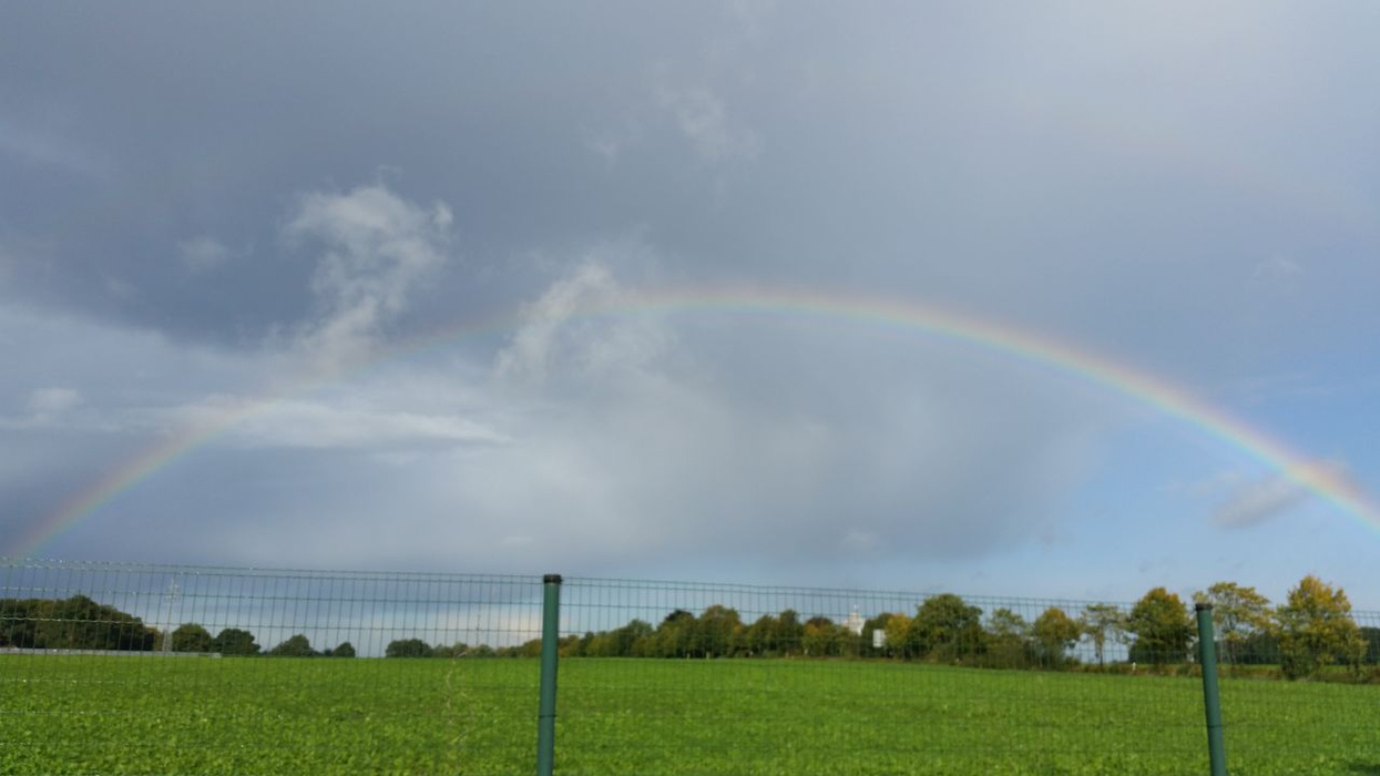 Regenbogen über den Wiesen an der Bundesstraße 213