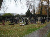 Blick vom Mittelgang auf dem jüdischen Friedhof in Delmenhorst auf die Grabanlagen. Bäume mit Herbstlaub im Hintergrund, eine elektrische Laterne am Weg.  