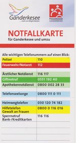 Notfallkarte der Gemeinde Ganderkesee mit Rufnummern der Notdienste und Raum für eigene Eintragungen